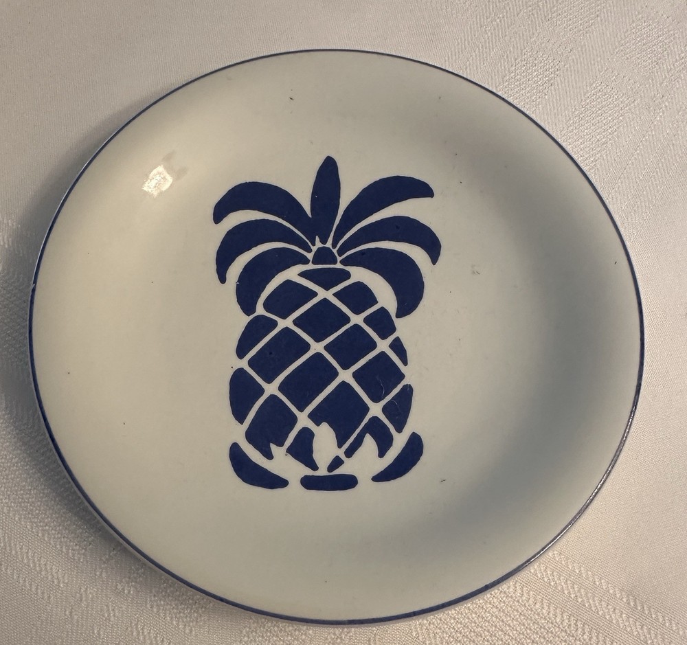Vintage Brazilian Leart Ceramic Collectible Blue Pineapple On White Plate