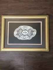 Antique Delicate Handmade White Lace In A Gold Frame Ready to Hang 15” X 12”