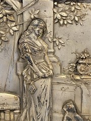 Antique Framed Metal Relief Panel Woman & Cat Landscape Early 1900s