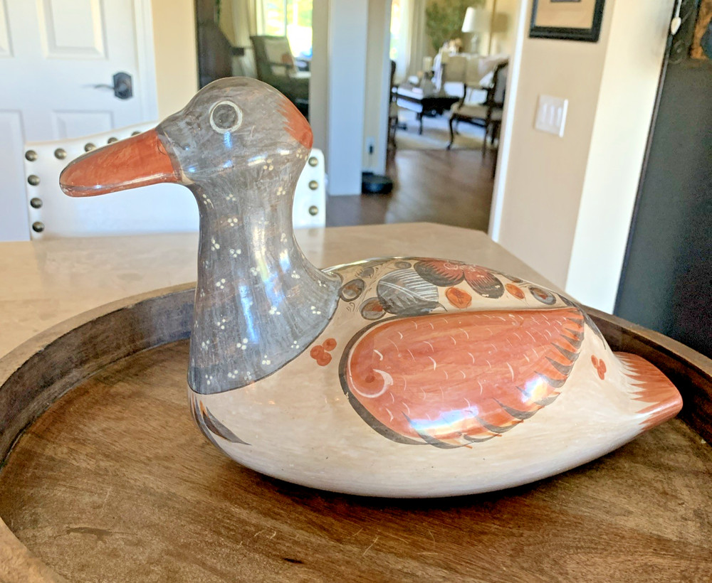 Vintage Tonala Pottery Hand Painted Duck Mexico Folk Art Large