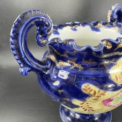 Antique Fine Porcelain Vase Vessel Footed Dish Bowl W Handles Decorated Ceramic
