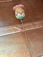 Carved Orange & Green Resin Gracias Thank You Flower w Copper Stem & Gratitude