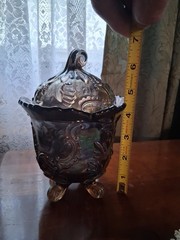 Imperial Glass Louis 14th Lidded Footed Jar Carnival Glass 6.75″ Tall 4.75″ Diam