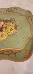 VTG Hand Painted Floral Serving Tole Tray Olive Green Stand Cottage Core Shabby