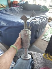 Large Victorian Italian PELTRATO 90% Pewter Art Nouveau Cherub Goat Ewer 15″