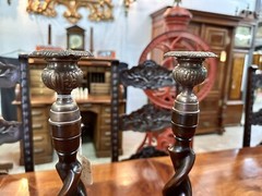 Antique Style LARGE 14″ TALL Carved Wooden Barley Twist Candlesticks with Bronze