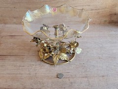 Flamingo Crystal Pedestal Bowl Dish 24KT Gold Gilt Holland Vintage Tole Roses