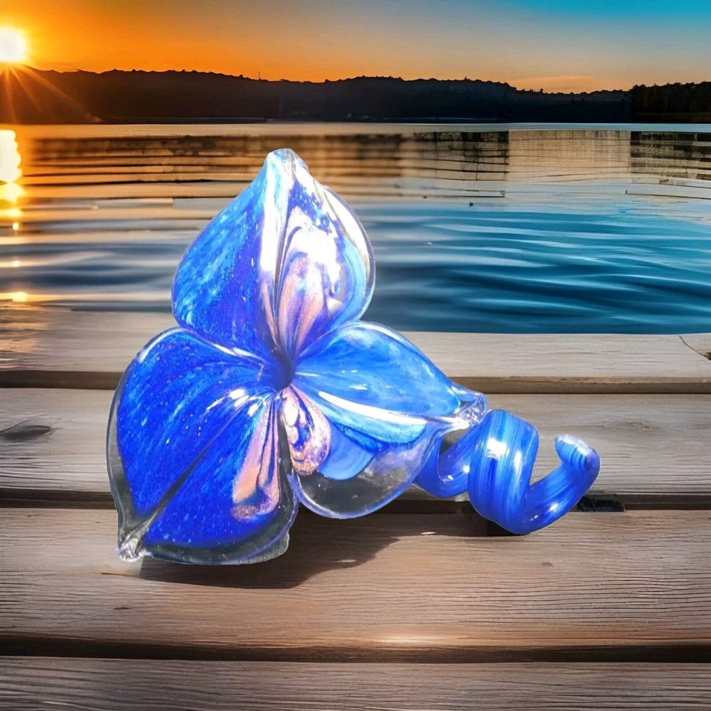 Murano Flower Hand Blown Art Glass Cobalt Blue With Twisted Stem 5.25x6H x5.5″
