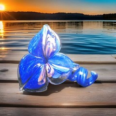 Murano Flower Hand Blown Art Glass Cobalt Blue With Twisted Stem 5.25x6H x5.5″
