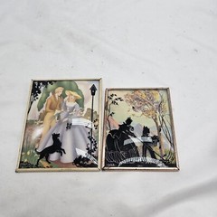 PAIR of Reverse Painted Couple Romance Silhouettes on Convex Glass 1940 VINTAGE.