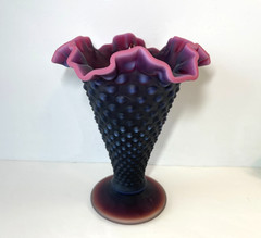 RARE Signed Fenton Deep Plum Satin Finish Hobnail 8″ Trumpet Vase