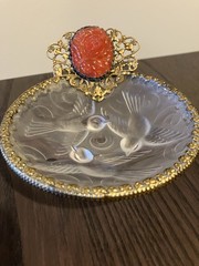 French Ormolu Dish~Frosted Glass Birds And Gilt Brass Trimmed With Carved Cameo.