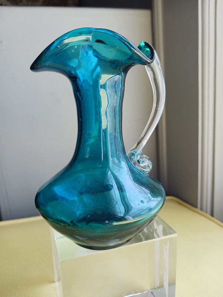 Antique ART GLASS HAND BLOWN PITCHER Pilgram Glass 5″ Blue Bud Vase Creamer