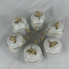6 Antique Limoges Pot de Crème France Coiffe Porcelain White And Gold