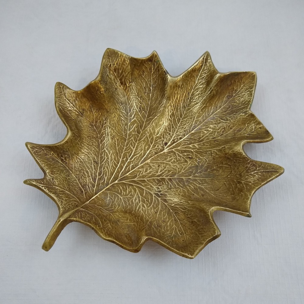 Vintage Solid Heavy Brass Maple Leaf Tray Heavy Dish 410 Original Cambron 9.5″