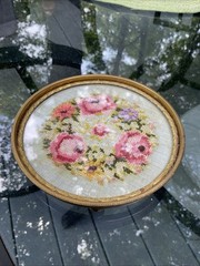 Antique Floral Needlepoint Brass Glass Footed Dish/trinket 5” Round