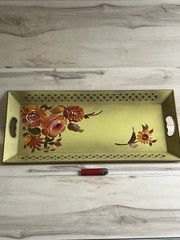 VTG Toleware Nashco Metal Rectangle Green Hand Paint Floral Tray Handles 22” L
