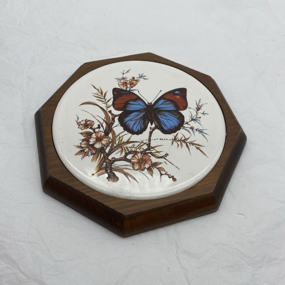 Vtg Wall Plaque Tile Trivet Butterfly Blue Brown Flowering Branch Wood Octagon