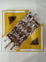 VIBRANT! Yellow Brown Square Fused Art Glass Plate 6 x 6” Jewel Tones Textured ✨