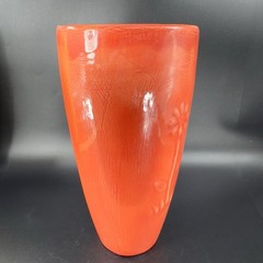 Antique Tall Pottery Vase Embossed Flower USA Hand Made Vase Vessel Orange Red