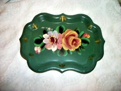 Cottagecore HP Roses Tole Tip Tray Chippendale Green 1950s Petite