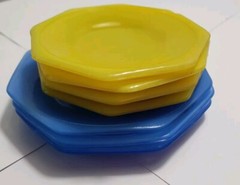 AKRO AGATE 8 PC plate lot OCTAGON GLASS Vintage Slag Glass Plates Blue & Yellow