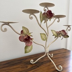 VTG Italian Toleware Tole Ware Candelabra 5 Candle Holder Roses Italy Metal
