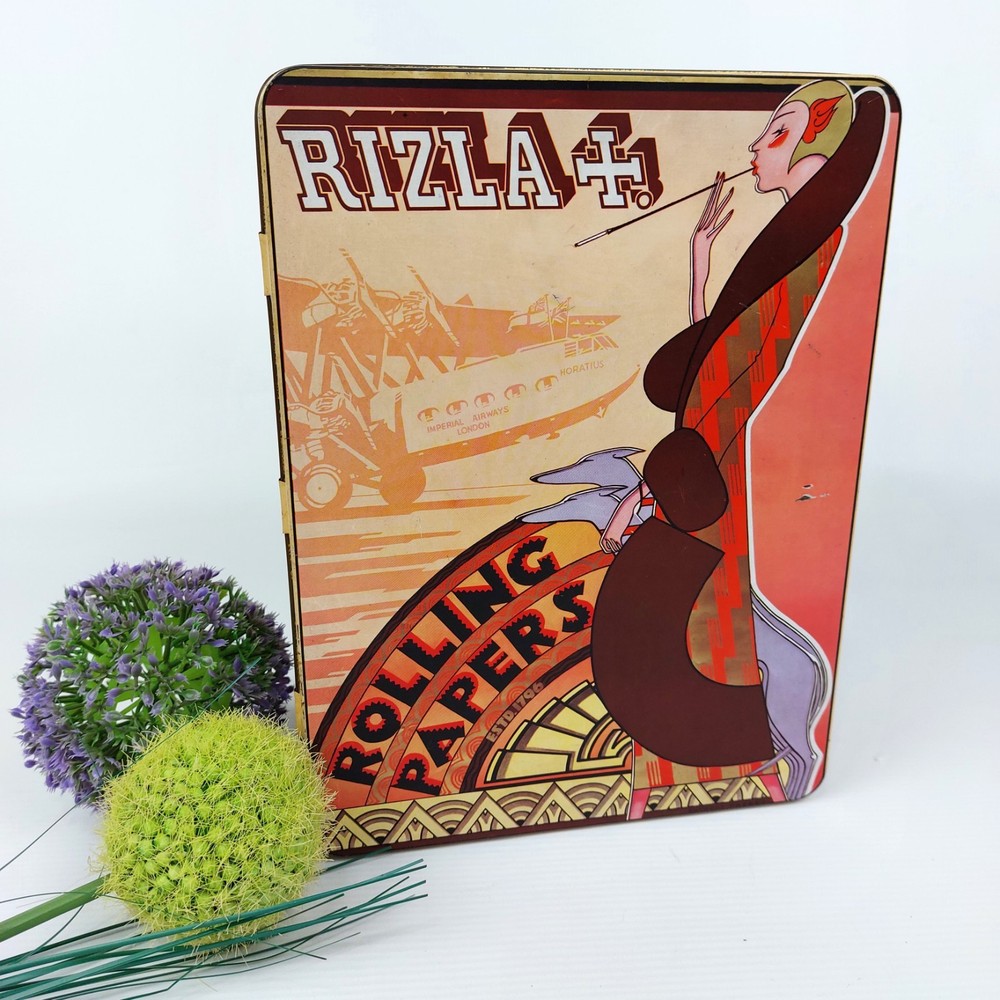 Vtg Rizla Tin Box Rolling Papers Advertising – Art Deco Design Storage Container