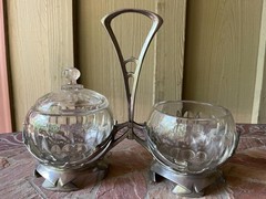 Art Nouveau Pewter Crystal Caddy, Bingit Zinn Jugendstil Condiment Server