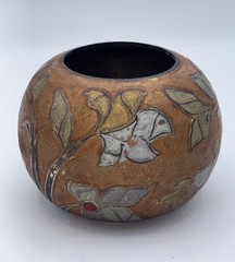 Vtg Art Nouveau Brass Cloisonne Handpainted Flowers Round Bud Vase Made In India