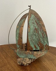 Copper Metal Green Sailboat Art Figurine Sculpture Wood Base Beach Coastal 10”