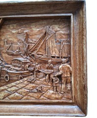 Carved Wood and Resin Relief Picture Panel Fishing Harbor Sea Scene 12″x9″