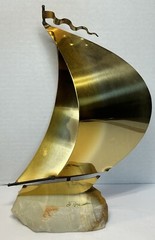 Brass Metal Sail Boat Sculpture Marble Base Nautical 8” Vintage DeMott Signed