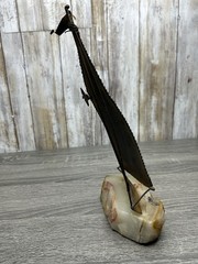 Vintage DeMott Brass Sailboat Sculpture Quartz Stone Base Signed MCM Brutalist