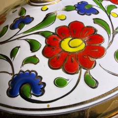 Vintage Dakas Ceramic Rhodes Greece Hand Painted Lidded Bowl 24K Gold Gilt 16cm