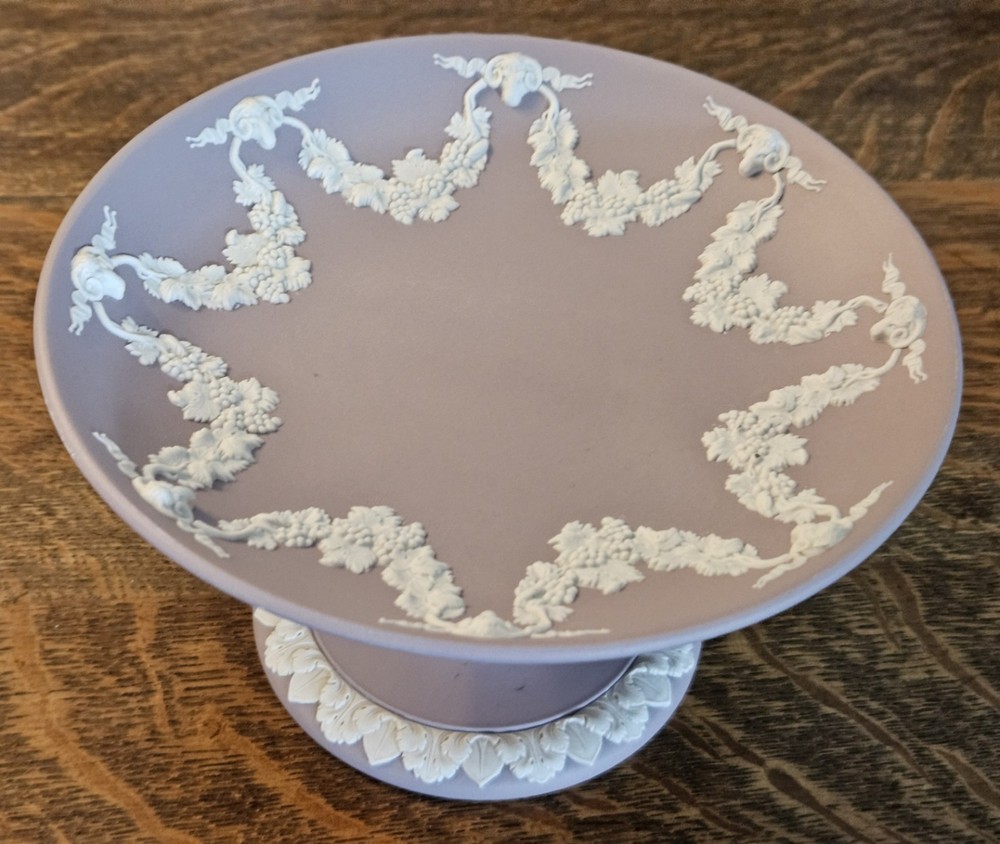 Wedgwood Lilac Jasper Compote or Footed Dish, Rams Heads and Grape Swags 6″ Dia.