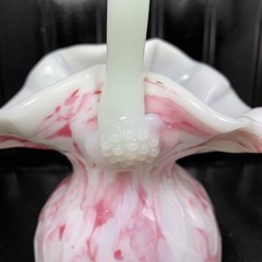 Pink Hand Blown Art Glass Basket Bowl Mid Century Pink & White Swirl 9″ Vintage