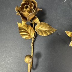 Pair Of Italian Tole Metal Rose Wall Hook Antique Gold Finish 6″ MCM VTG