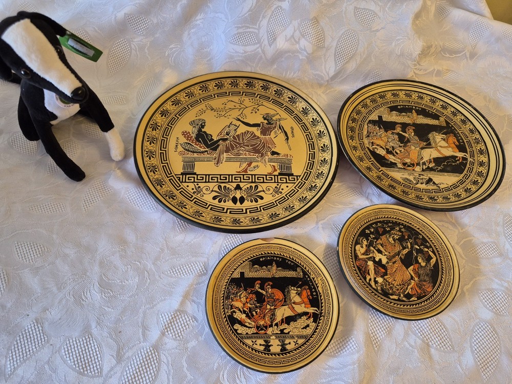 Hand Painted Set Of 4 Greek Mythology, Terracotta Display Plates Greece Origin