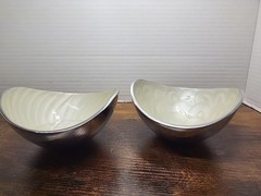 2 VTG Silver Tone Metal Small Serving Bowls Cream Iridescent Lining Modernist