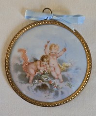 4 Antique FM Limoges France Cherubs Angels On Porcelain Medallion Transferware