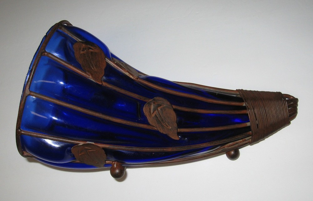 Rare Beautiful Cornucopia Cobalt Blue Glass with Metal Copper/Brass Stand 11″x6″