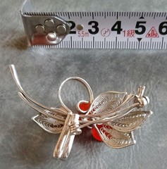 Silver Filigree Leaf Brooch with Red & Orange Accents Elegant Jewelry