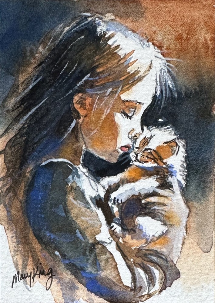 Original Watercolor ACEO Painting by Mary King – Kitten Love
