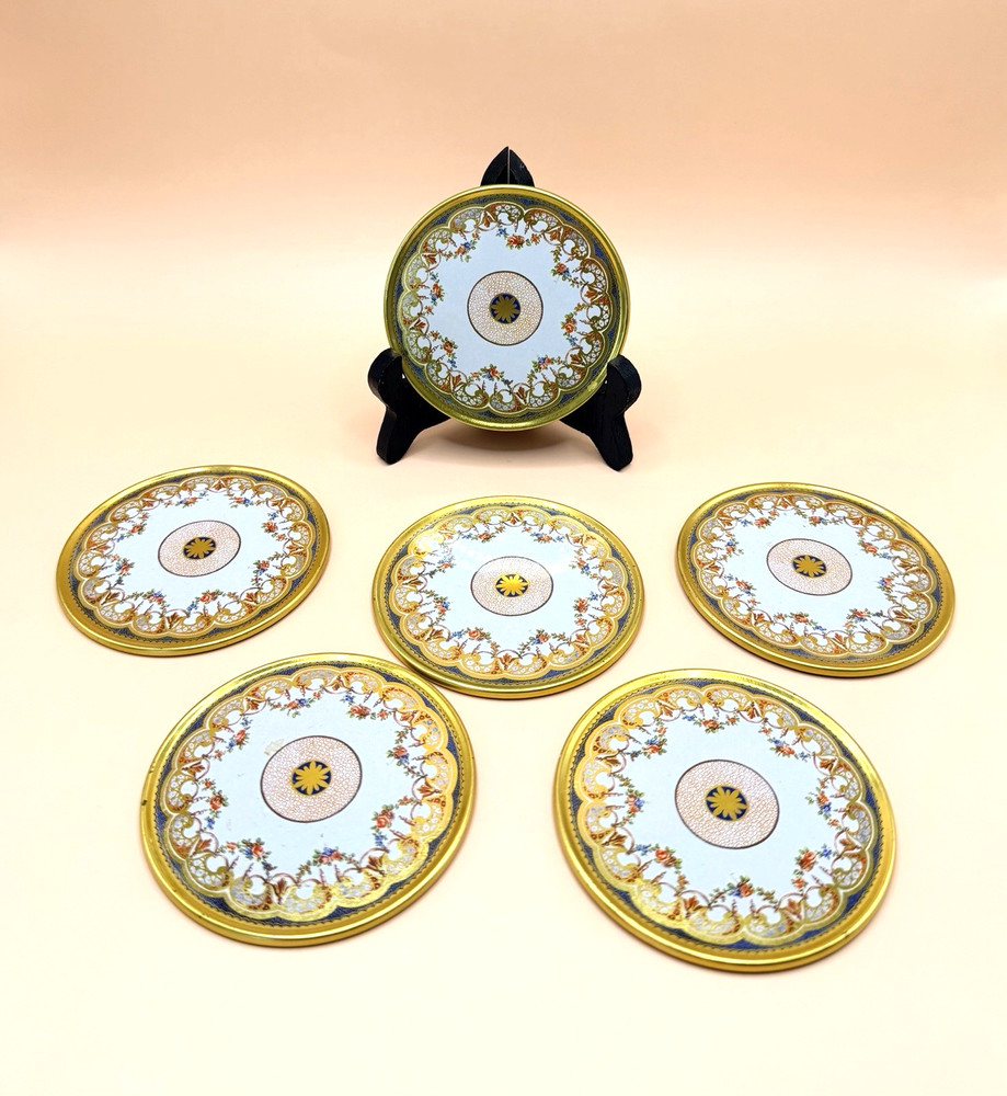 VTG Toleware Metal Coasters Set 6 Gold Trim Floral Litho/Grand Millennial 3.5″