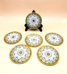 VTG Toleware Metal Coasters Set 6 Gold Trim Floral Litho/Grand Millennial 3.5″