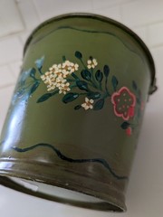 Vintage 1980 Green Toleware Metal Bucket With Hand Painted Flowers Signed