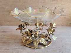 Flamingo Crystal Pedestal Bowl Dish 24KT Gold Gilt Holland Vintage Tole Roses