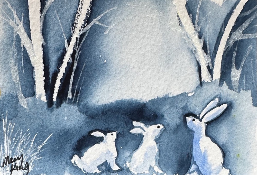 Watercolor ACEO 2.5″ x 3.5″ Original Painting by Mary King – Bunnies
