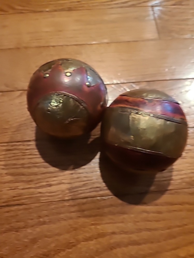 (2) Vintage Decorative Balls Brown Wood Sphere Embossing Brass Metal Inlay